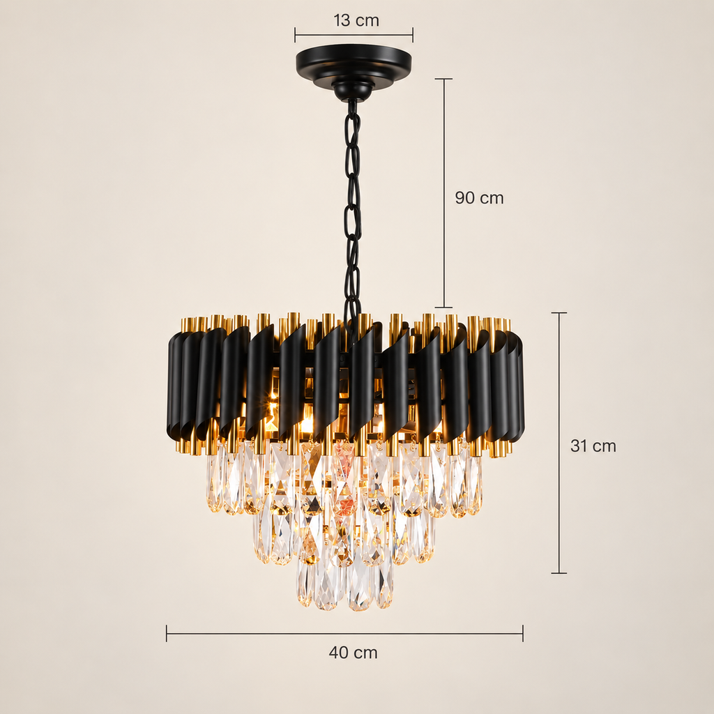Aurevon crystal chandelier dimensions: 40 cm diameter, 31 cm high, 90 cm chain, 13 cm canopy