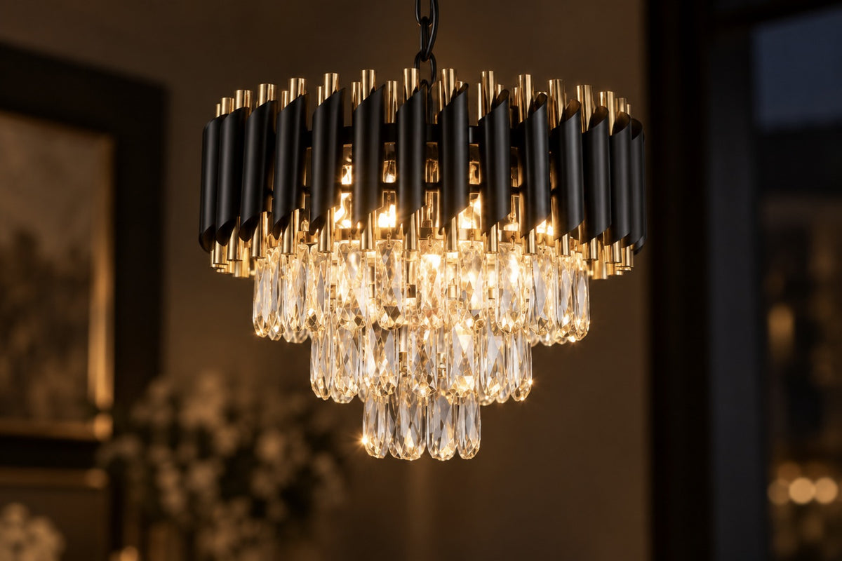 Close-up of the Aurevon black and gold crown and tiered K9 crystal drops, lit