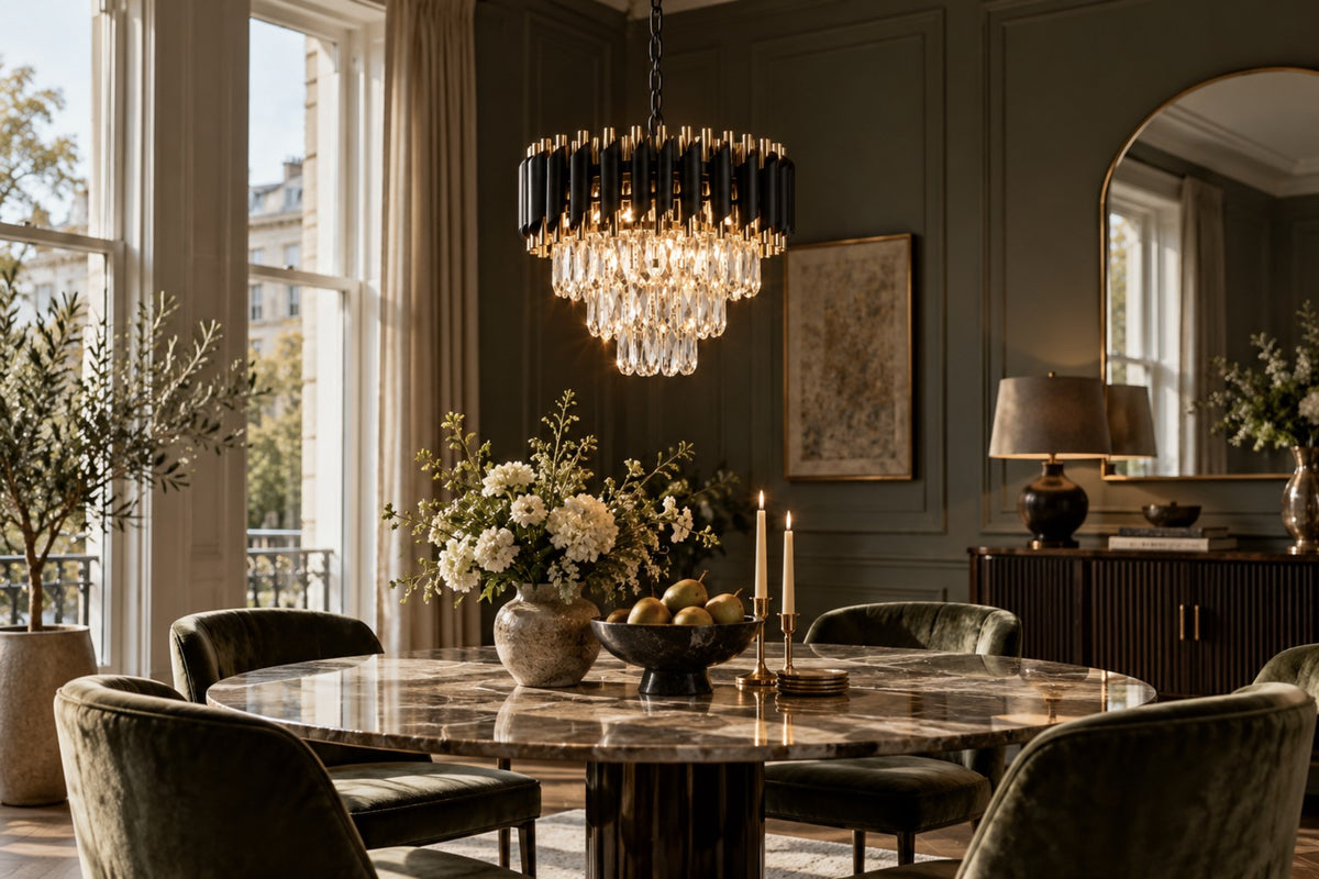 Aurevon crystal chandelier above a round marble dining table in a green panelled dining room