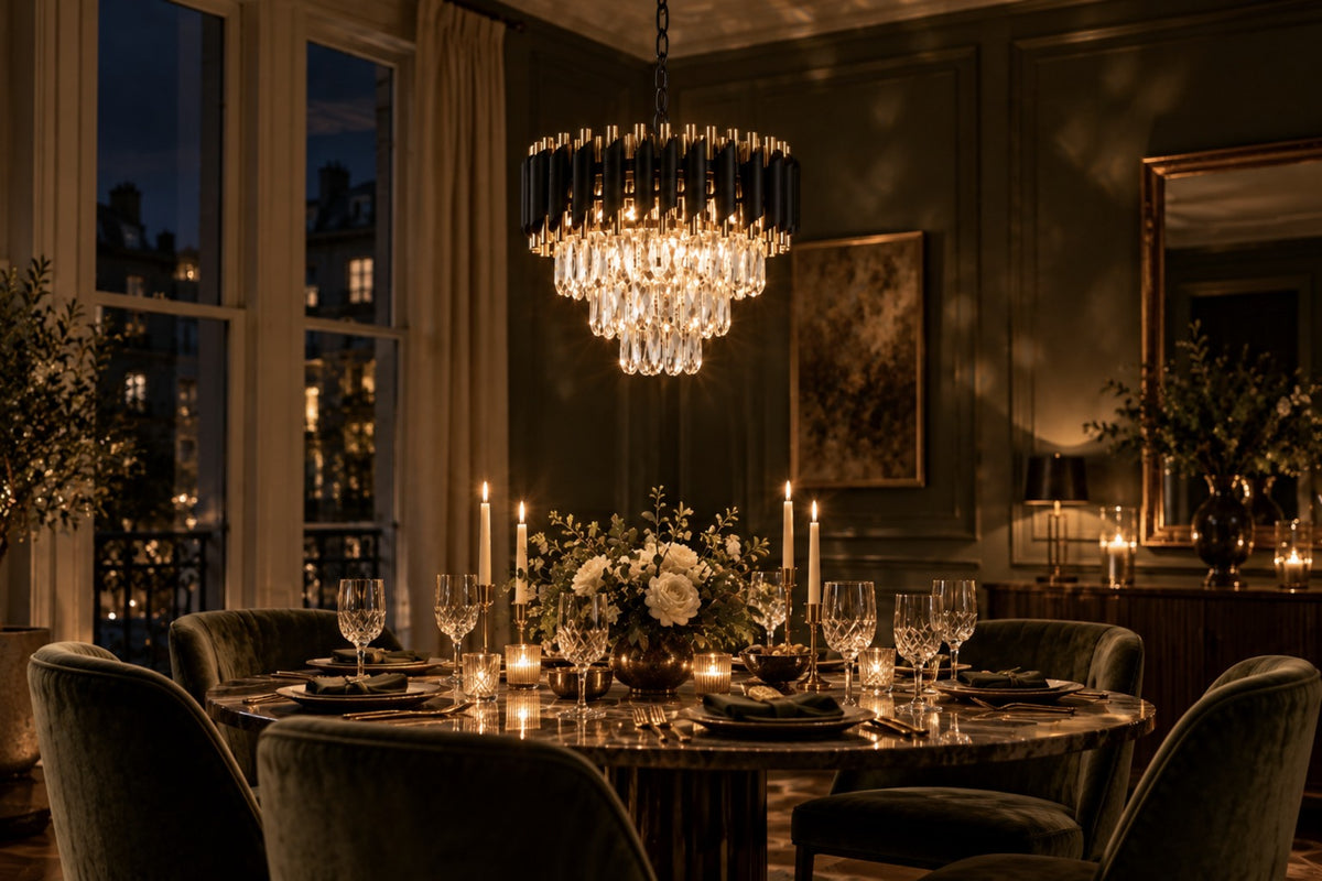 Aurevon chandelier dimmed at night above a candlelit dinner table