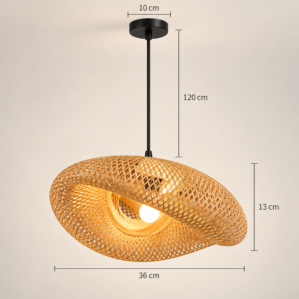 Avelora bamboo pendant light dimensions: 36 cm wide, 13 cm high, 120 cm cable, 10 cm canopy
