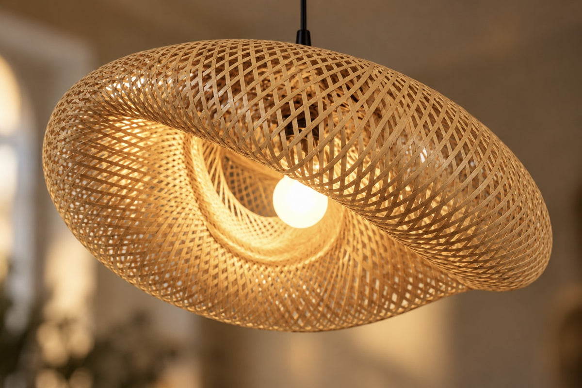 Close-up of the Avelora hand-woven bamboo wave shade, lit