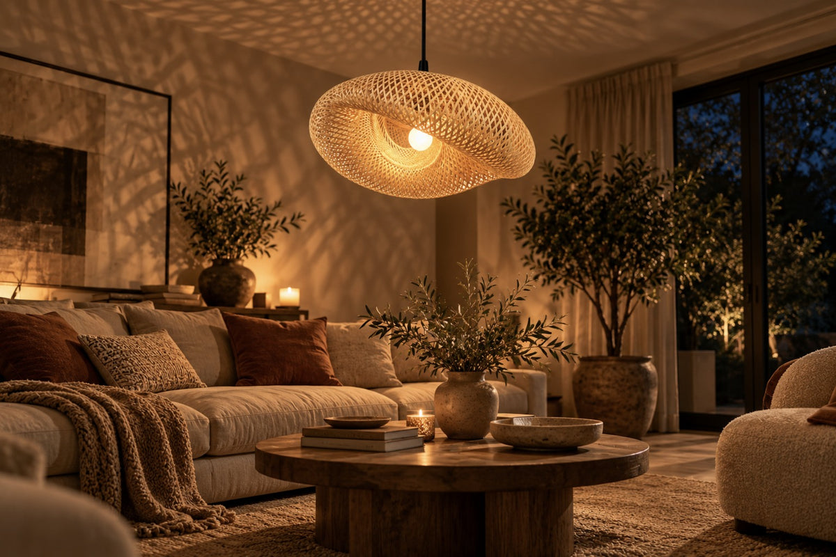 Avelora bamboo pendant casting patterned light across a living room at night