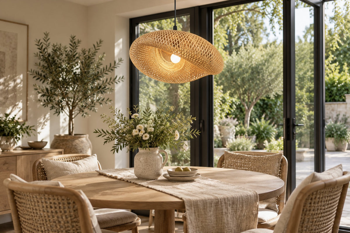 Avelora woven bamboo pendant above a round oak dining table in a garden room