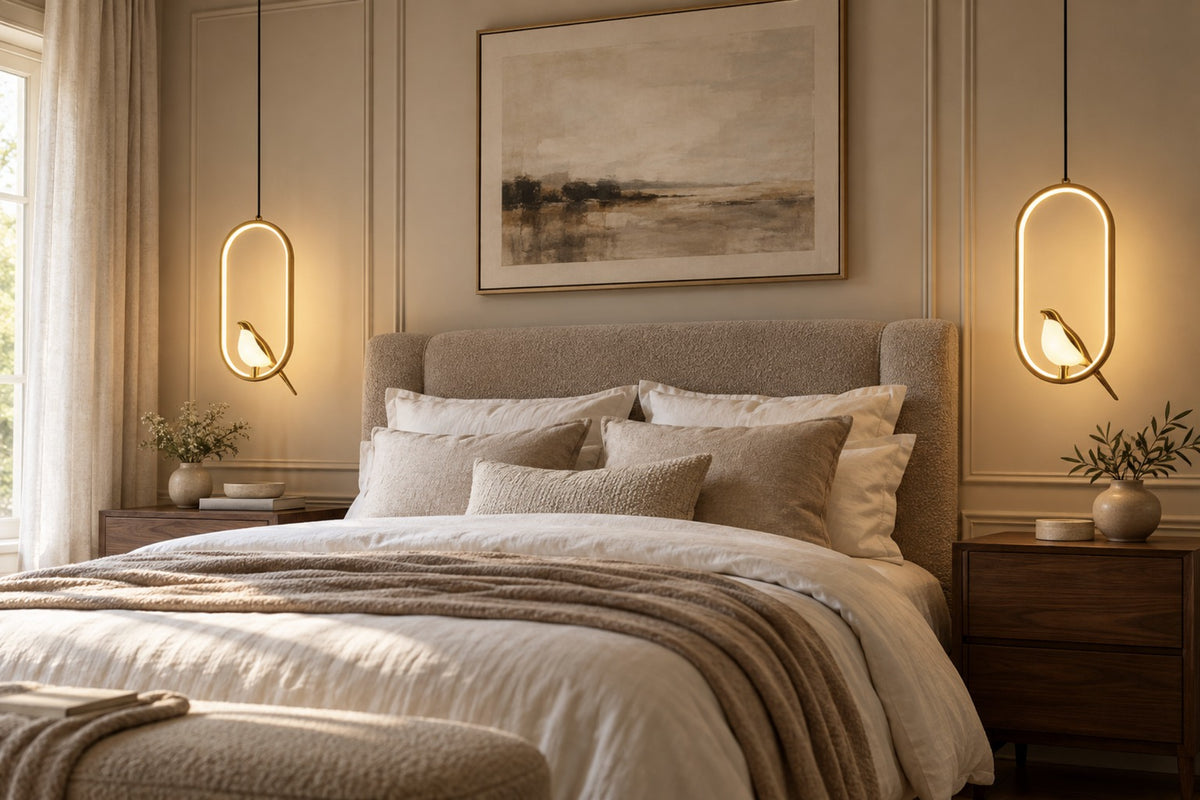 Pair of Aviora gold bird pendants either side of a bed