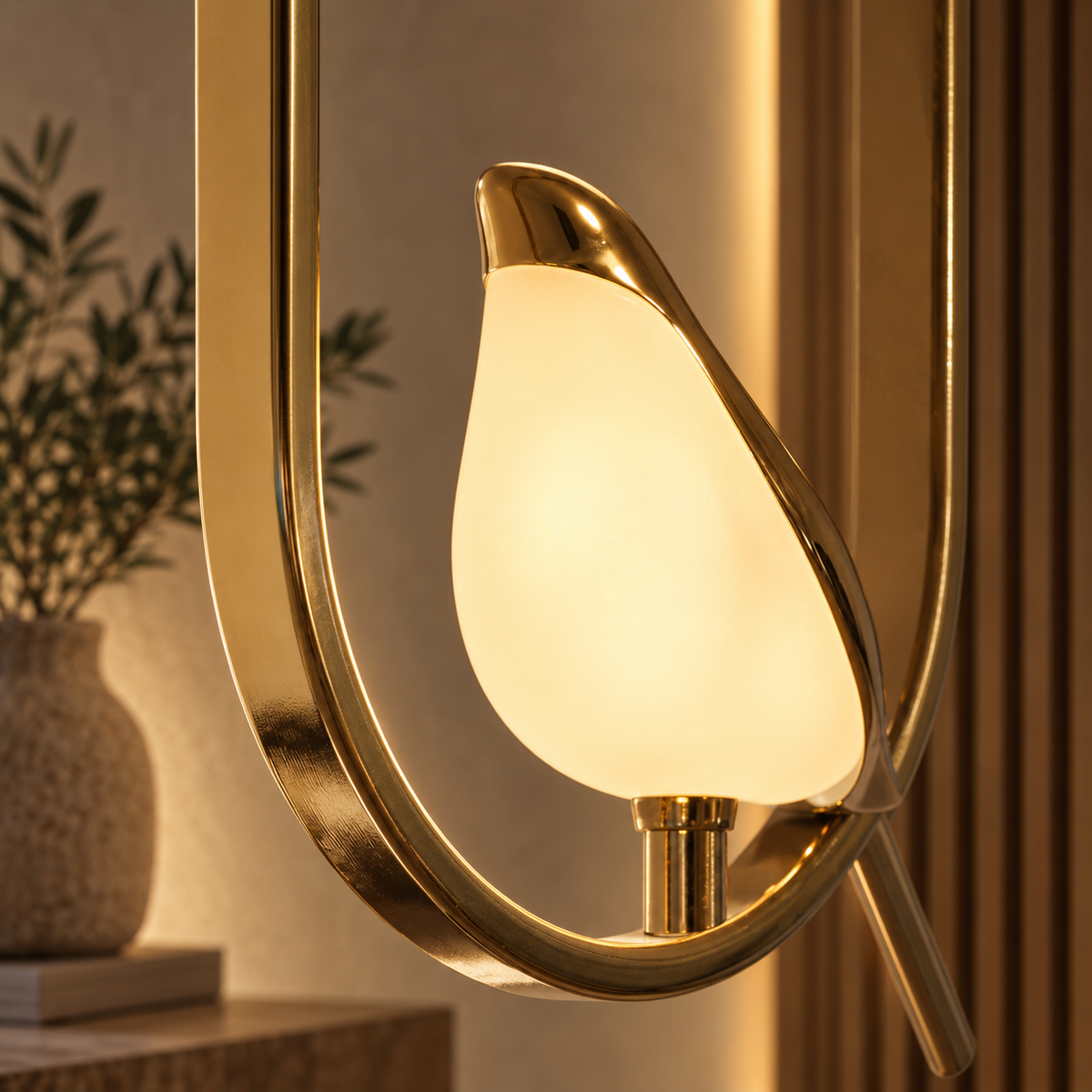Close-up of the Aviora lit acrylic bird and gold frame