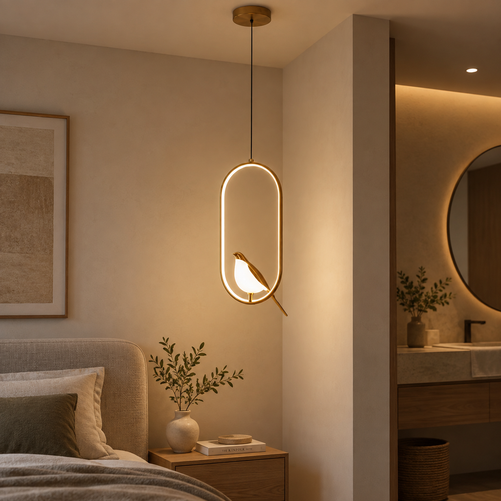 Aviora gold bird LED pendant light in a bedroom