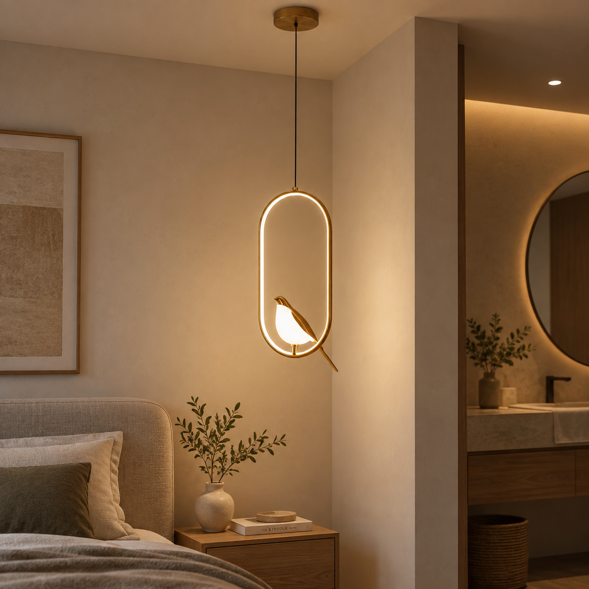 Aviora gold bird LED pendant light in a bedroom