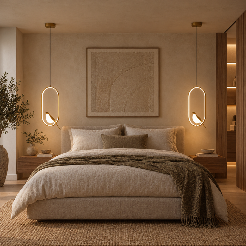 Pair of Aviora bird pendant lights either side of a bed