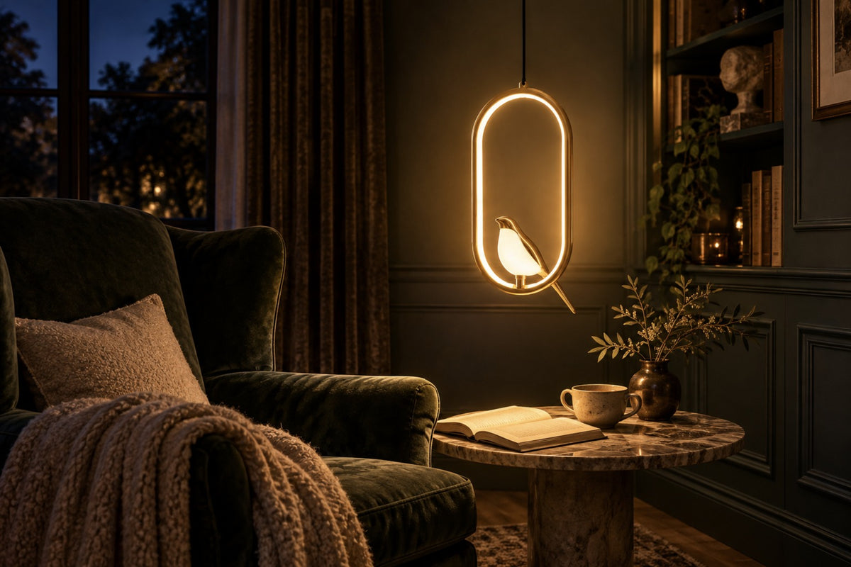 Aviora bird pendant glowing above a marble side table in a reading nook at night