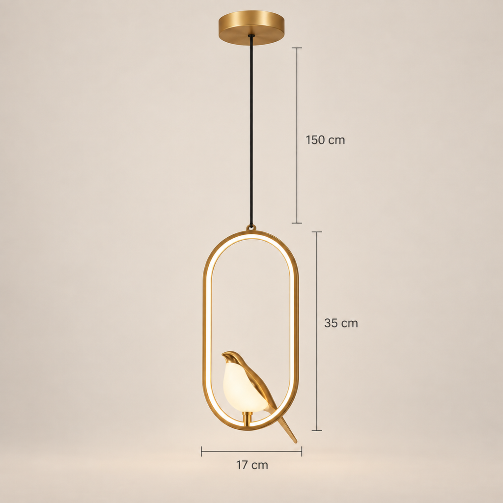 Aviora bird pendant light dimensions: 17 cm wide, 35 cm high, wire up to 150 cm