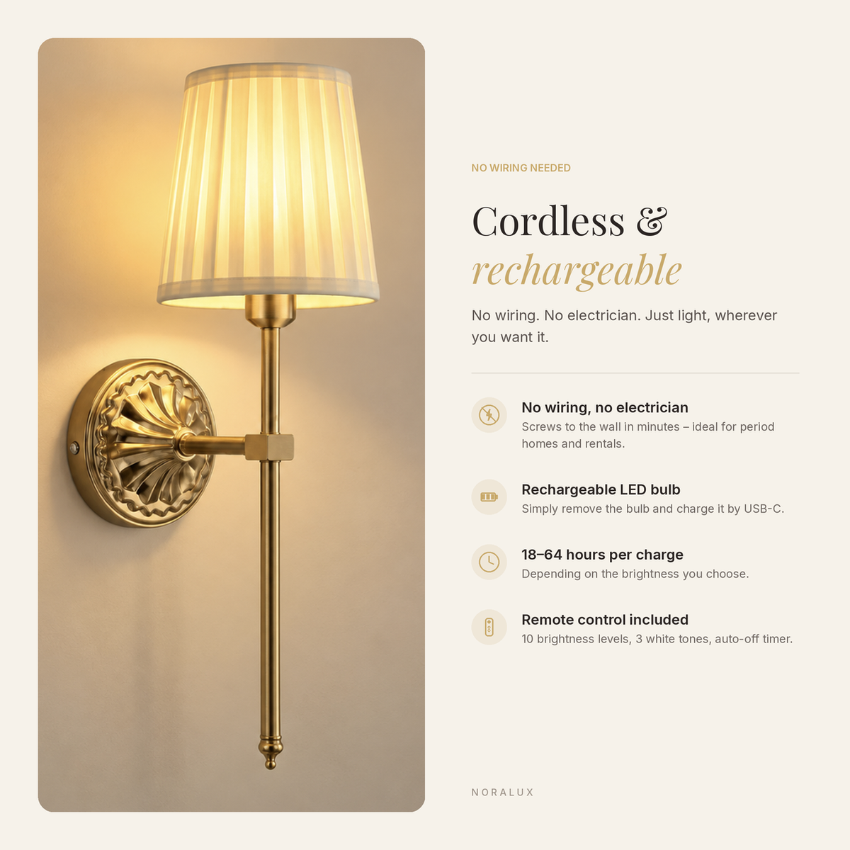 Beatrix cordless rechargeable wall light features: no wiring, USB-C bulb, remote control