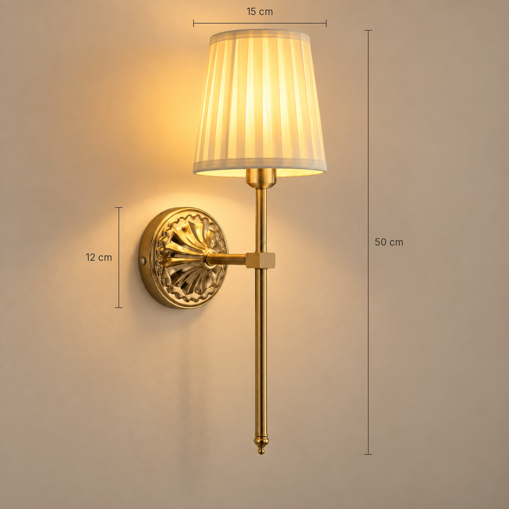Beatrix wall light dimensions: 50 cm tall, 15 cm shade, 12 cm backplate