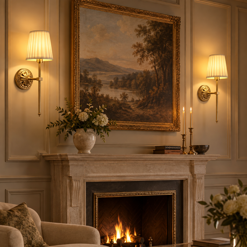 Pair of Beatrix antique gold rechargeable wall lights either side of a painting above a fireplace