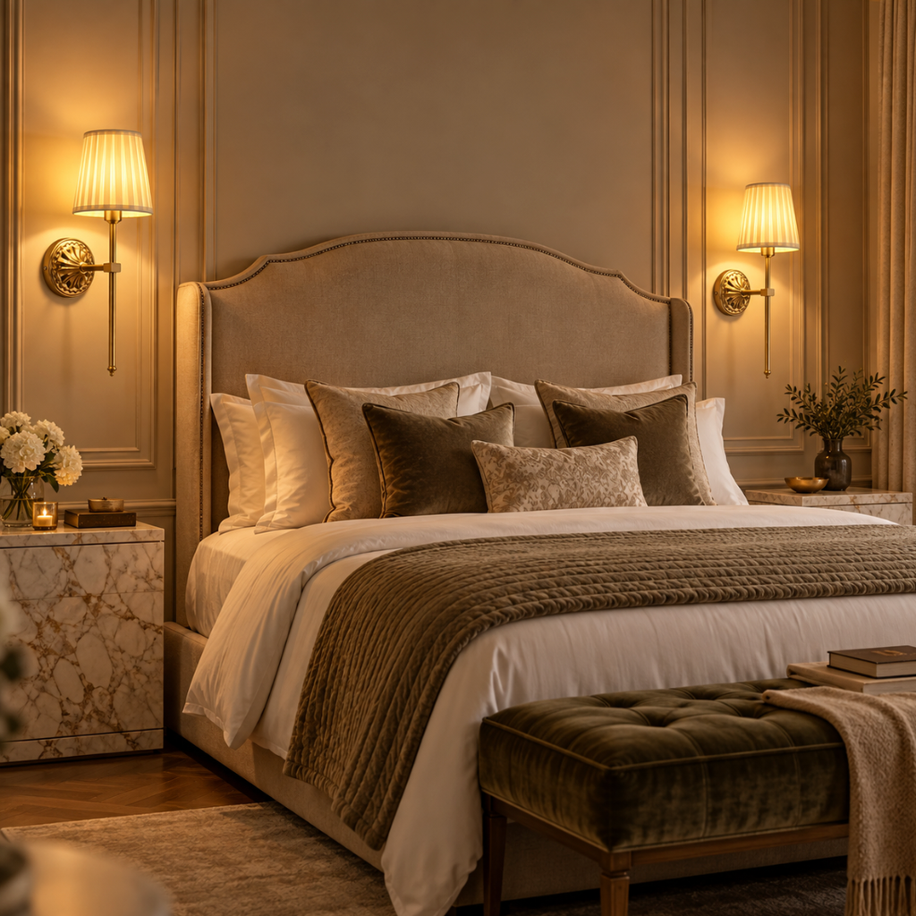 Two Beatrix wall lights either side of an upholstered headboard in a hotel-style bedroom