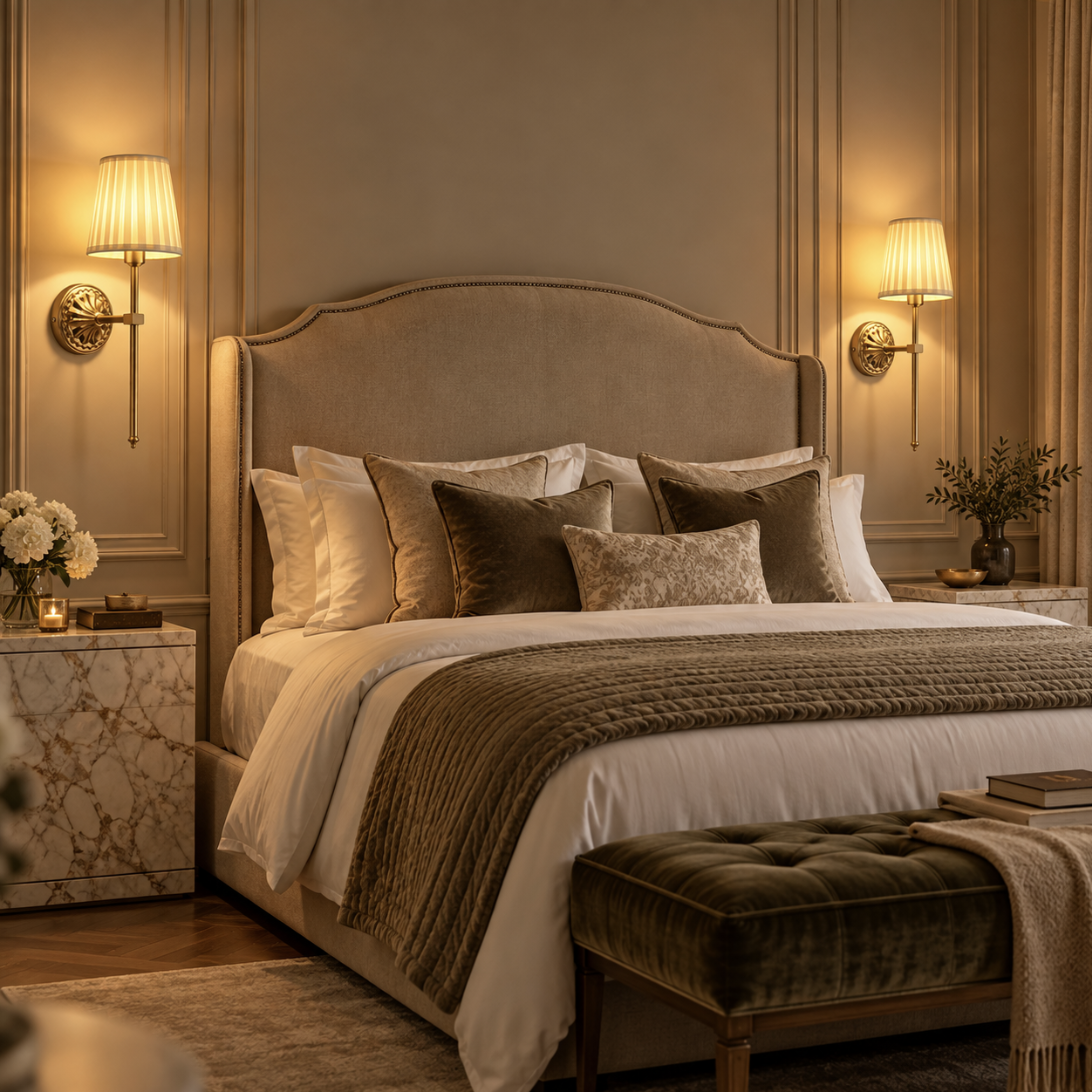Two Beatrix wall lights either side of an upholstered headboard in a hotel-style bedroom
