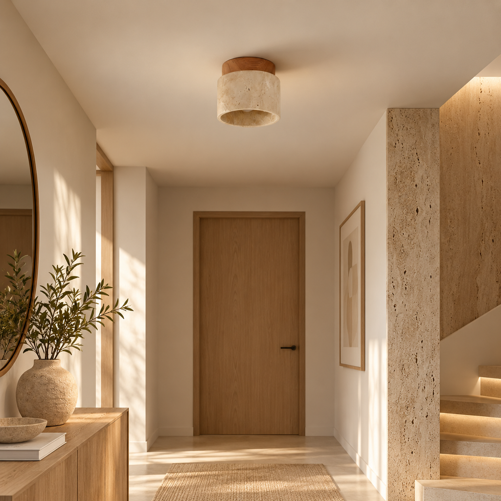 Calvera travertine and wood ceiling light in an entrance