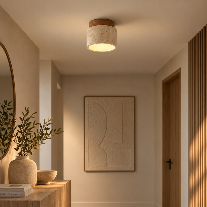 Travertine Ceiling Light, Natural Stone & Wood – Calvera