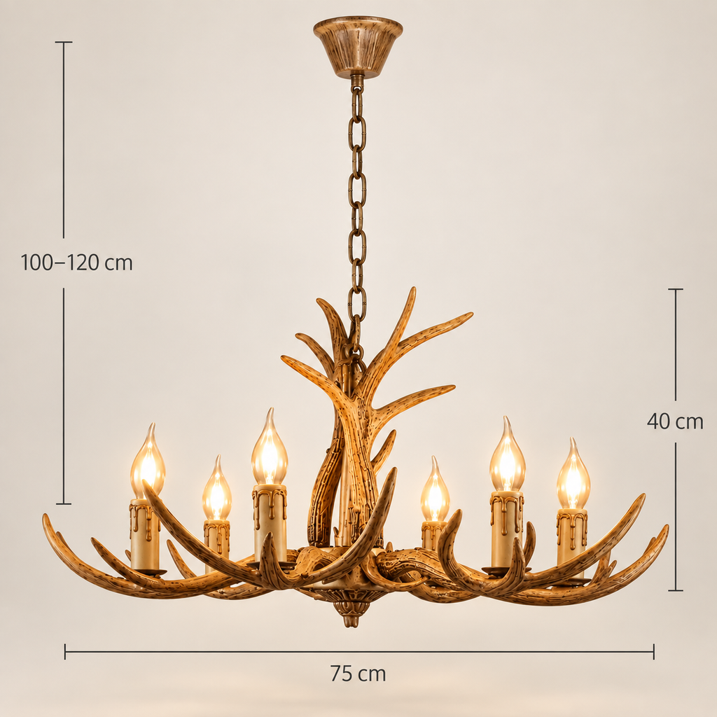 Cervara antler chandelier dimensions: 75 cm wide, 40 cm high, 100–120 cm chain