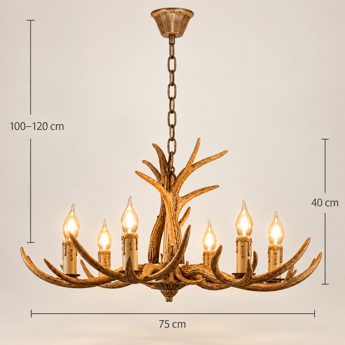 Cervara antler chandelier dimensions: 75 cm wide, 40 cm high, 100–120 cm chain