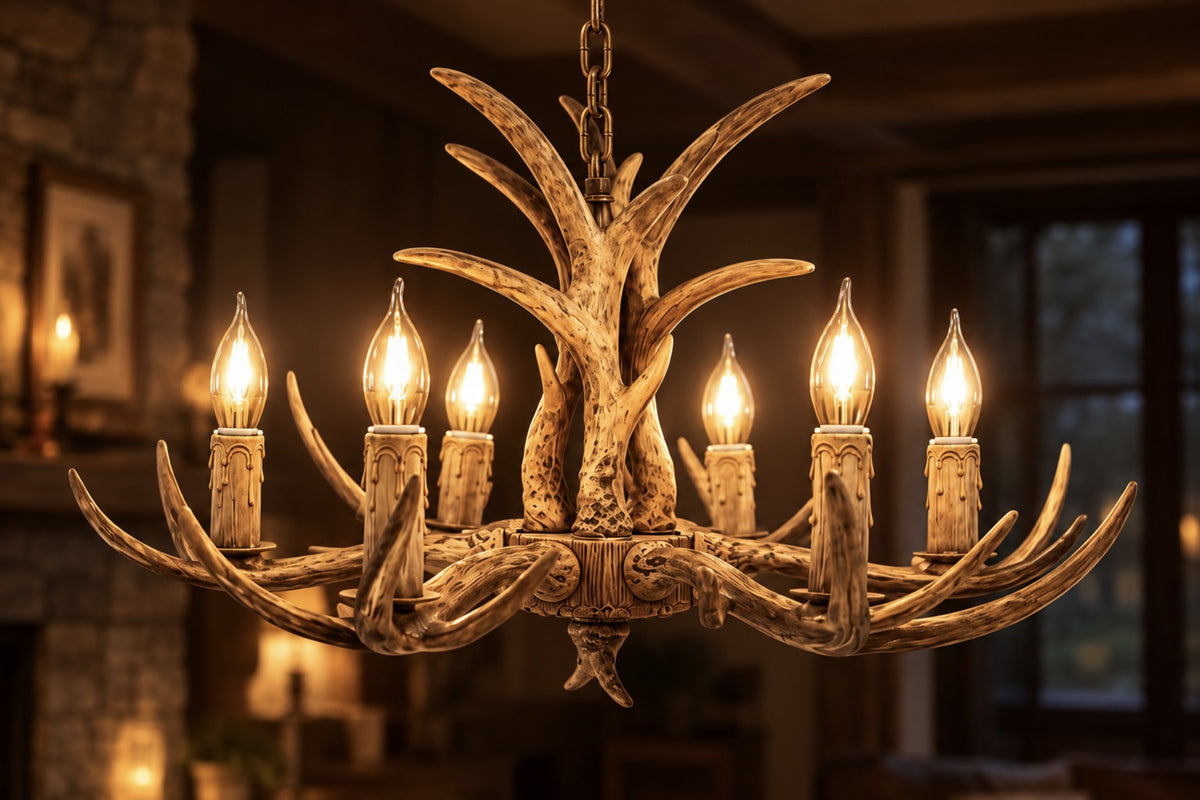 Close-up of the Cervara faux-antler branches and candle-style lights, lit