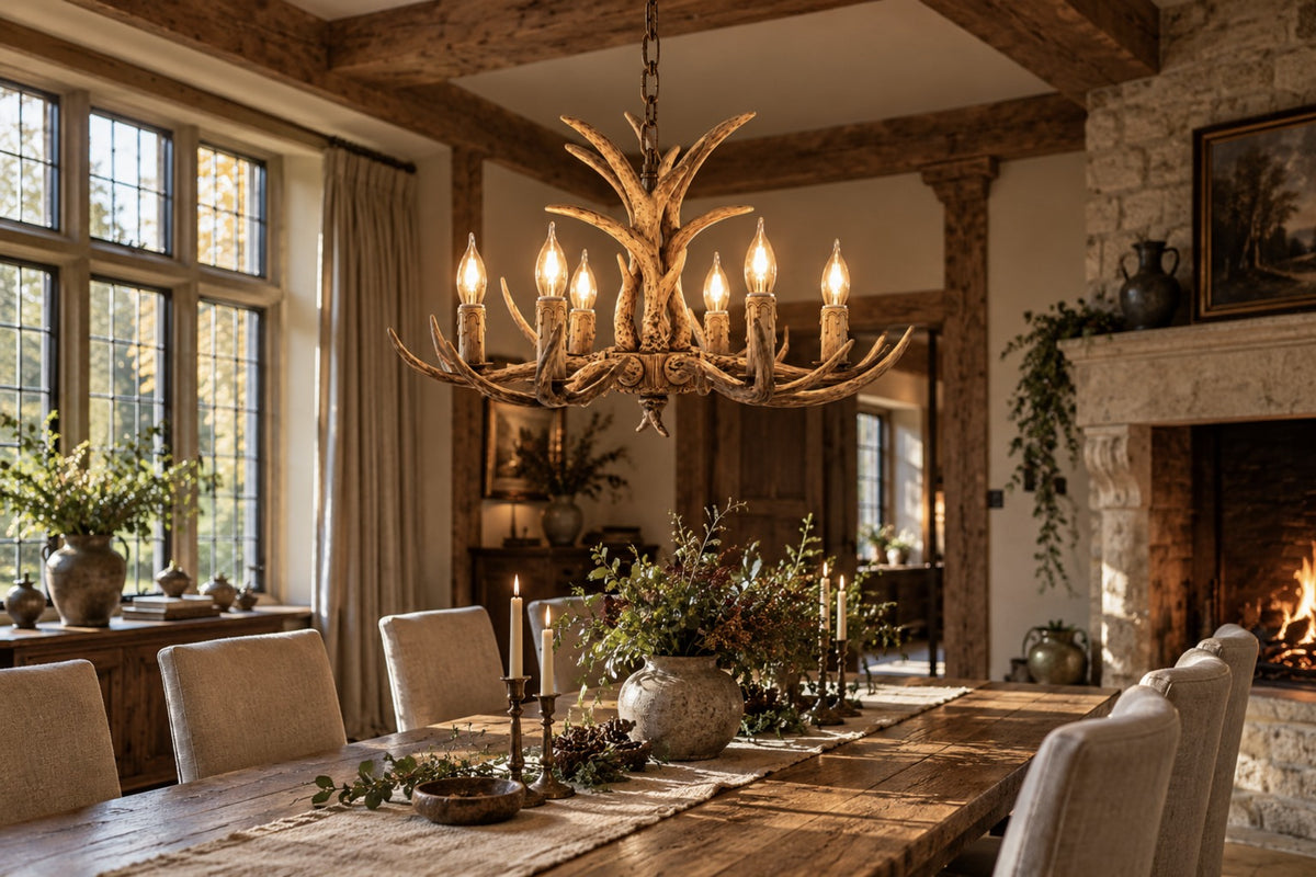 Cervara antler chandelier above a long oak table in a country-house dining room
