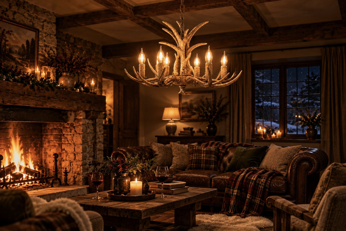 Cervara antler chandelier glowing in a cosy cottage living room on a winter night