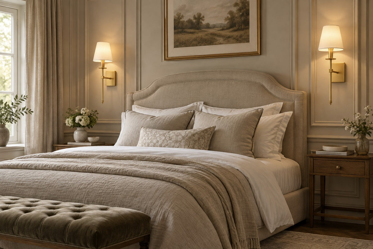 Pair of Clara gold wall lights either side of an upholstered bed