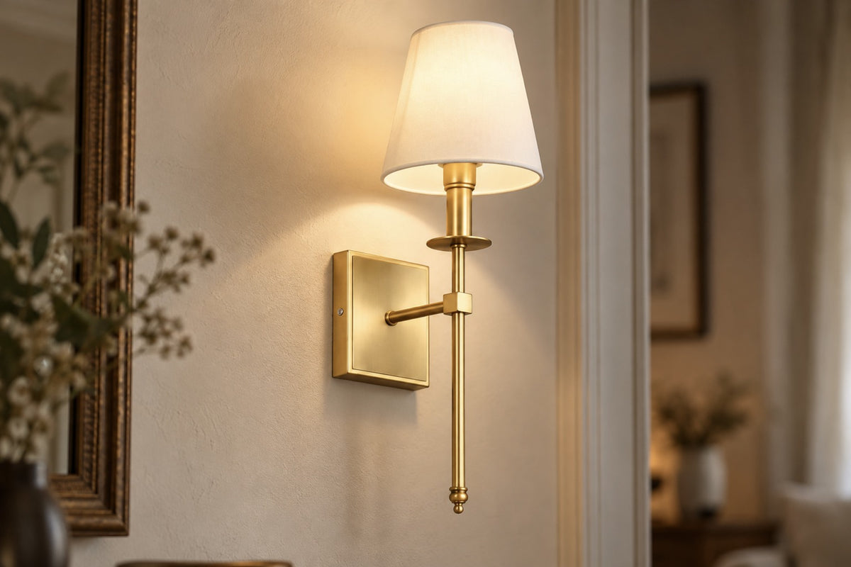Close-up of the Clara gold wall light with its white fabric shade, lit