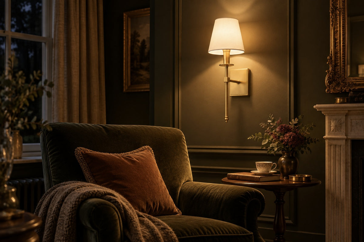 Clara wall light glowing above a velvet armchair in a sitting room at night