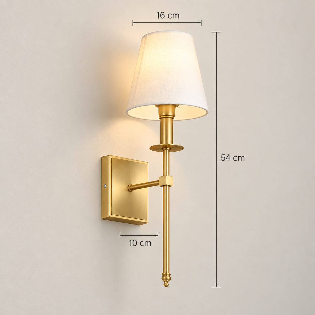 Clara wall light dimensions: 54 cm high, 16 cm shade, 10 cm arm