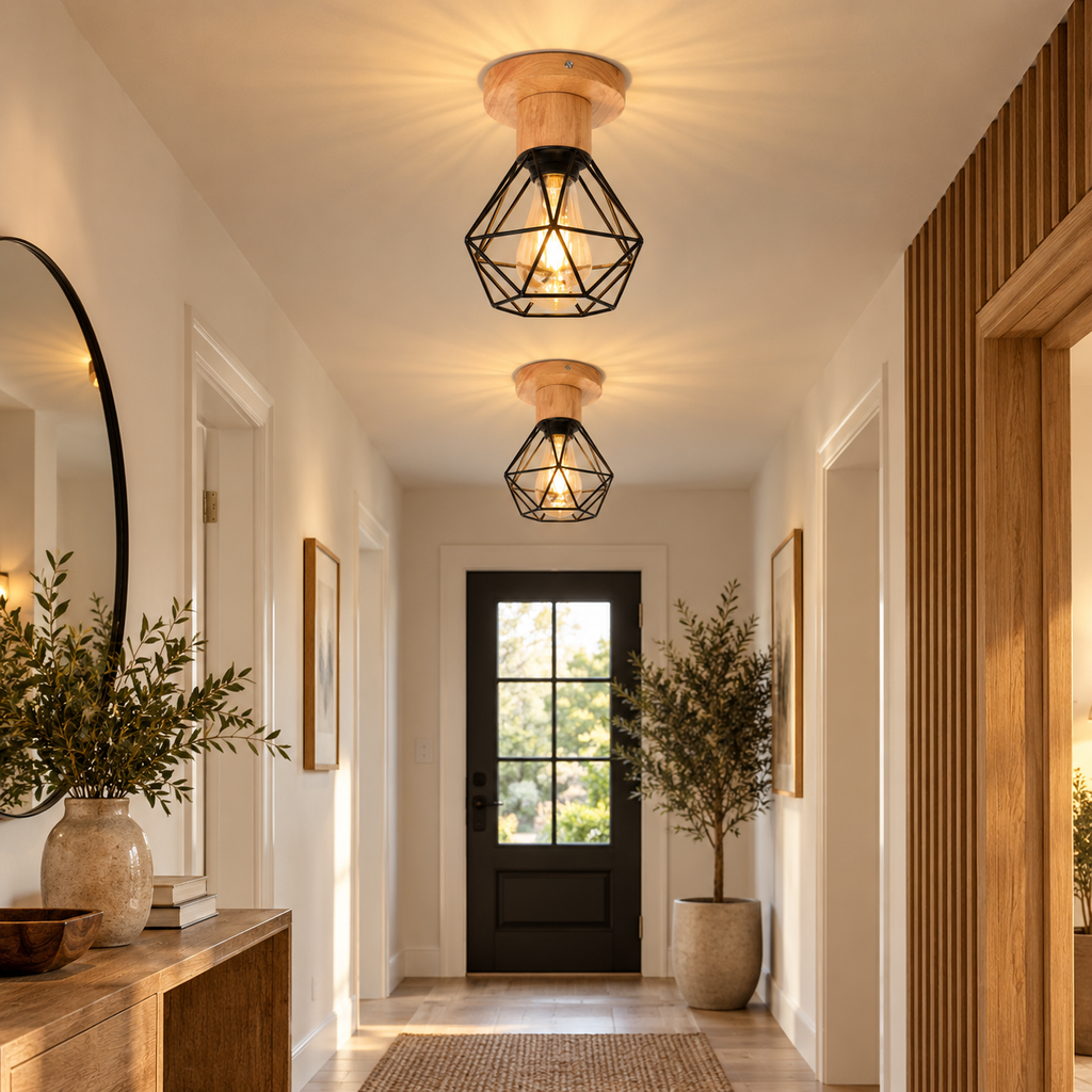 Two Ferro wood and black cage ceiling lights along a hallway