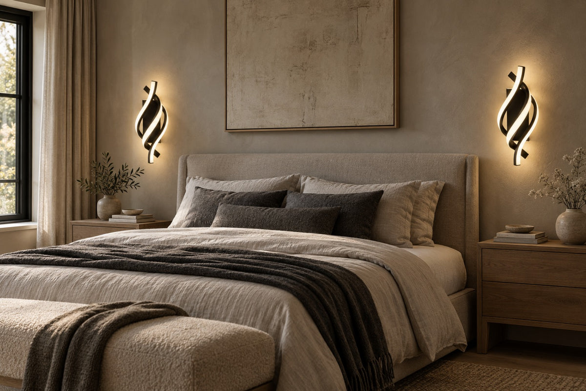 Pair of Elara sculptural wall lights either side of a bed