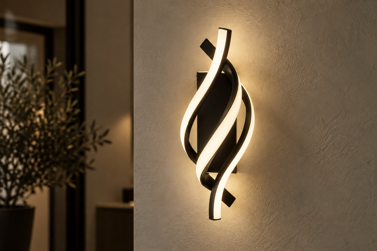 Close-up of the Elara twisting LED ribbons glowing on a plaster wall
