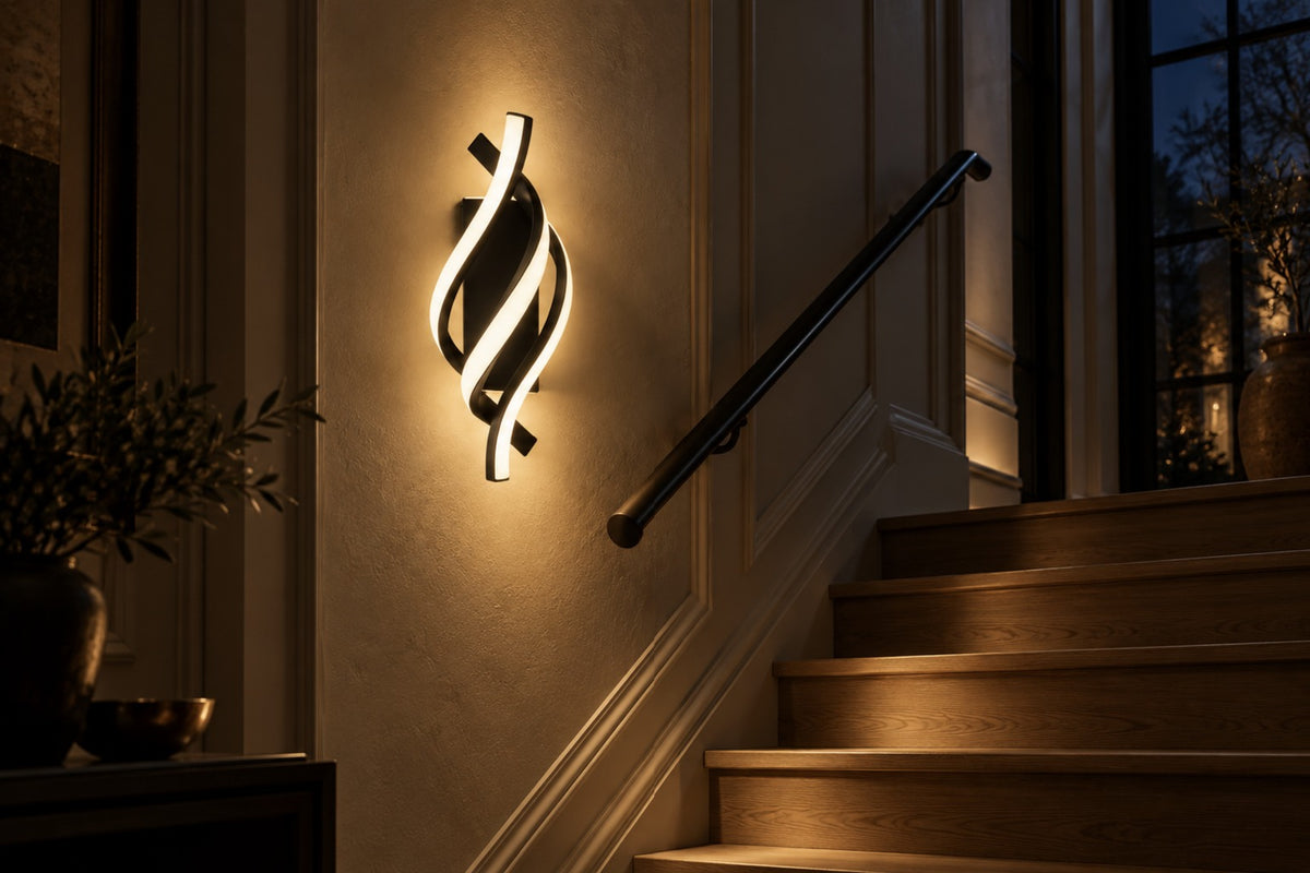 Elara wall light glowing on a staircase wall at night