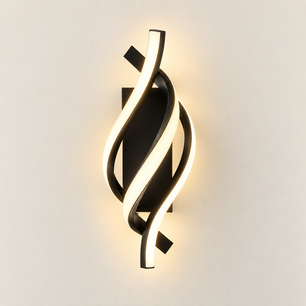 Elara sculptural LED wall light in matte black, switched on