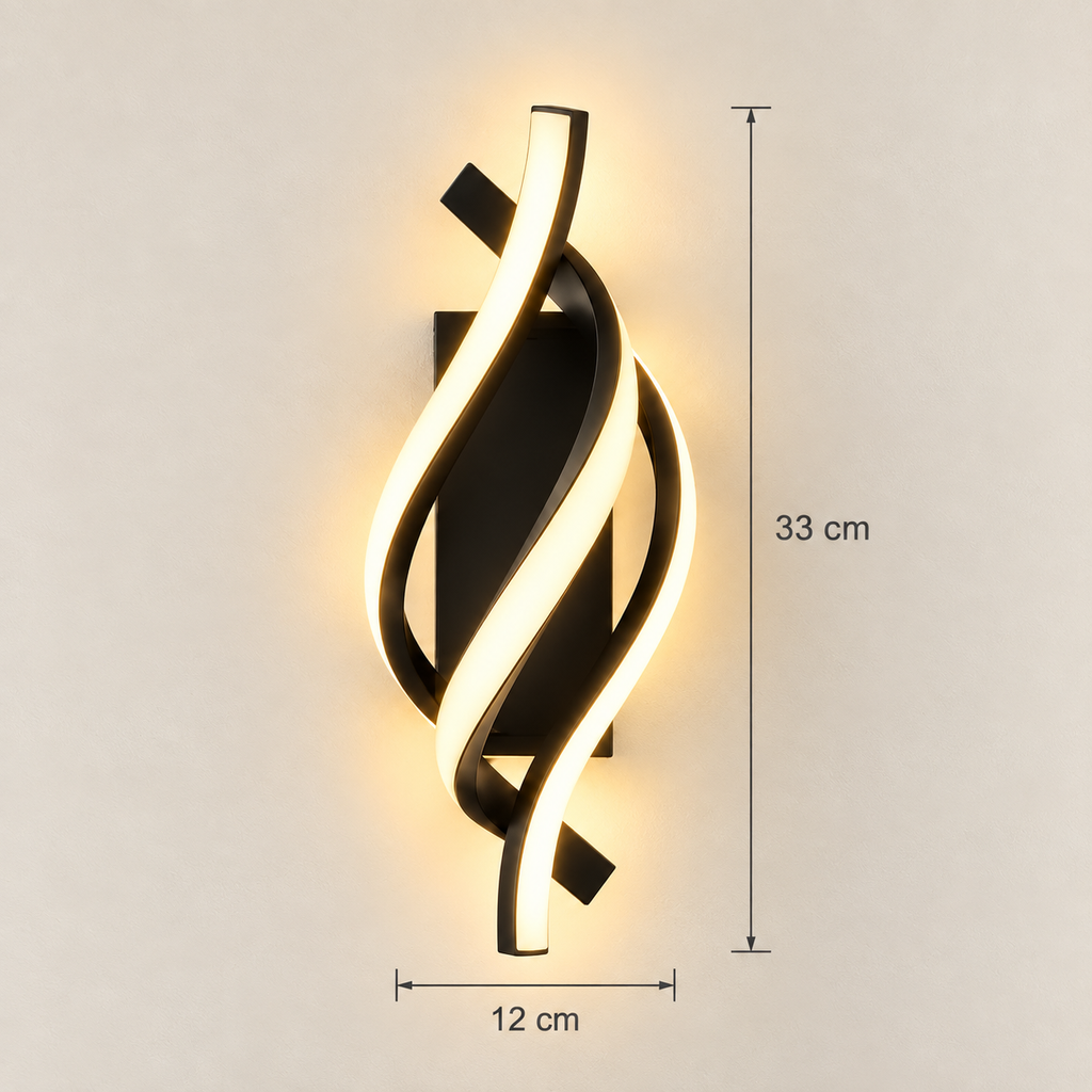 Elara spiral LED wall light dimensions: 33 cm high, 12 cm wide