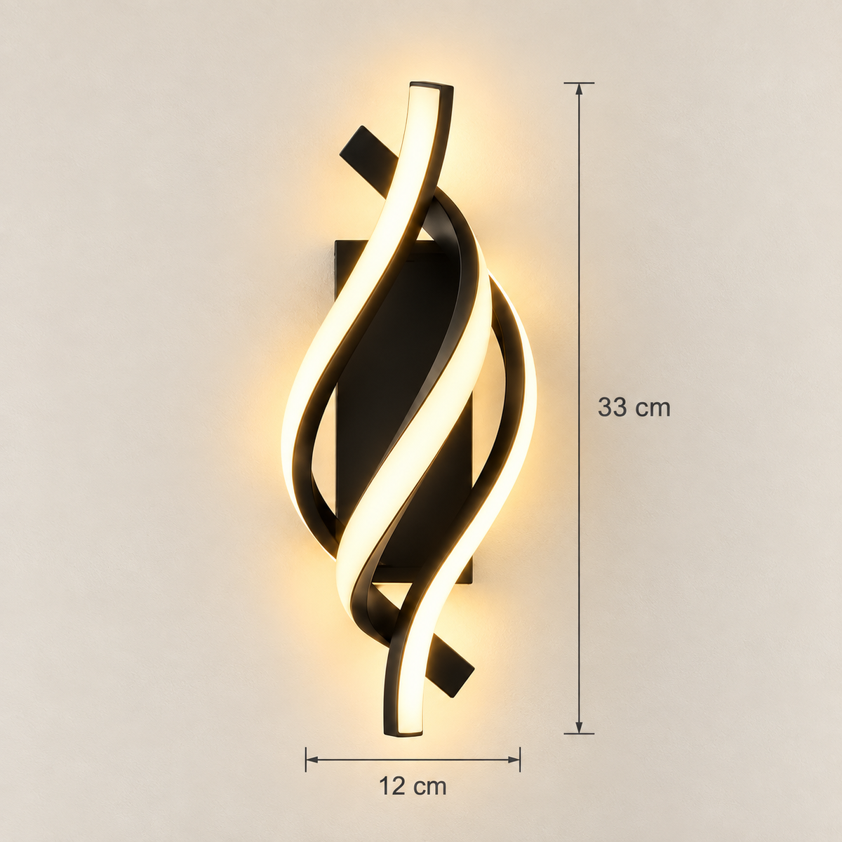 Elara spiral LED wall light dimensions: 33 cm high, 12 cm wide