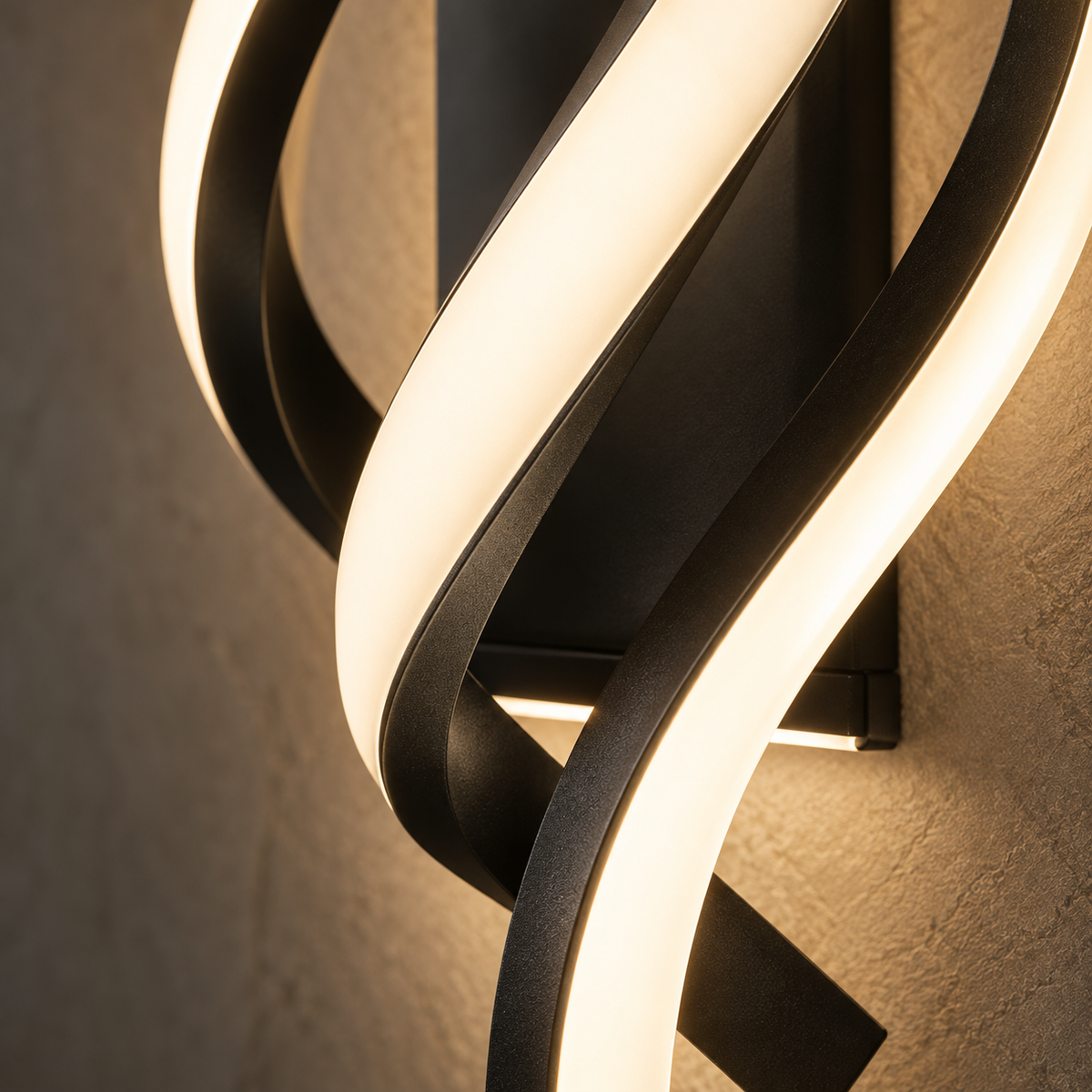 Close-up of the Elara wall light's curved frame and LED ribbon