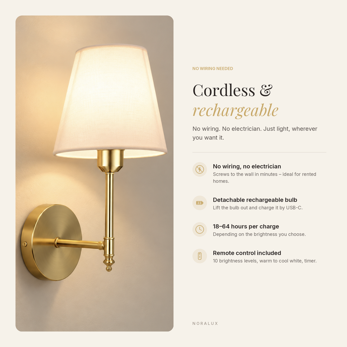 Elise cordless rechargeable wall light features: no wiring, USB-C bulb, remote control