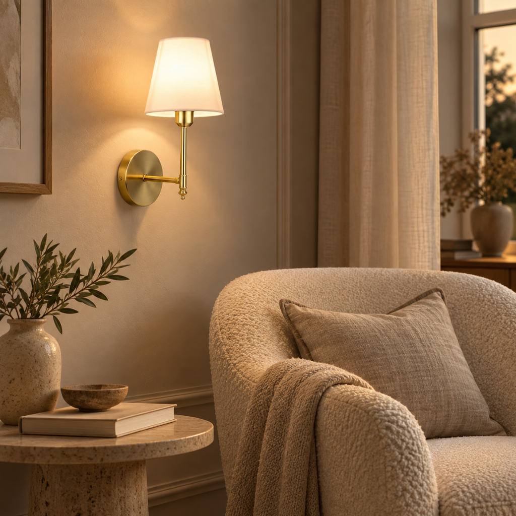 Elise brushed gold rechargeable wall light with white fabric shade beside a boucle armchair