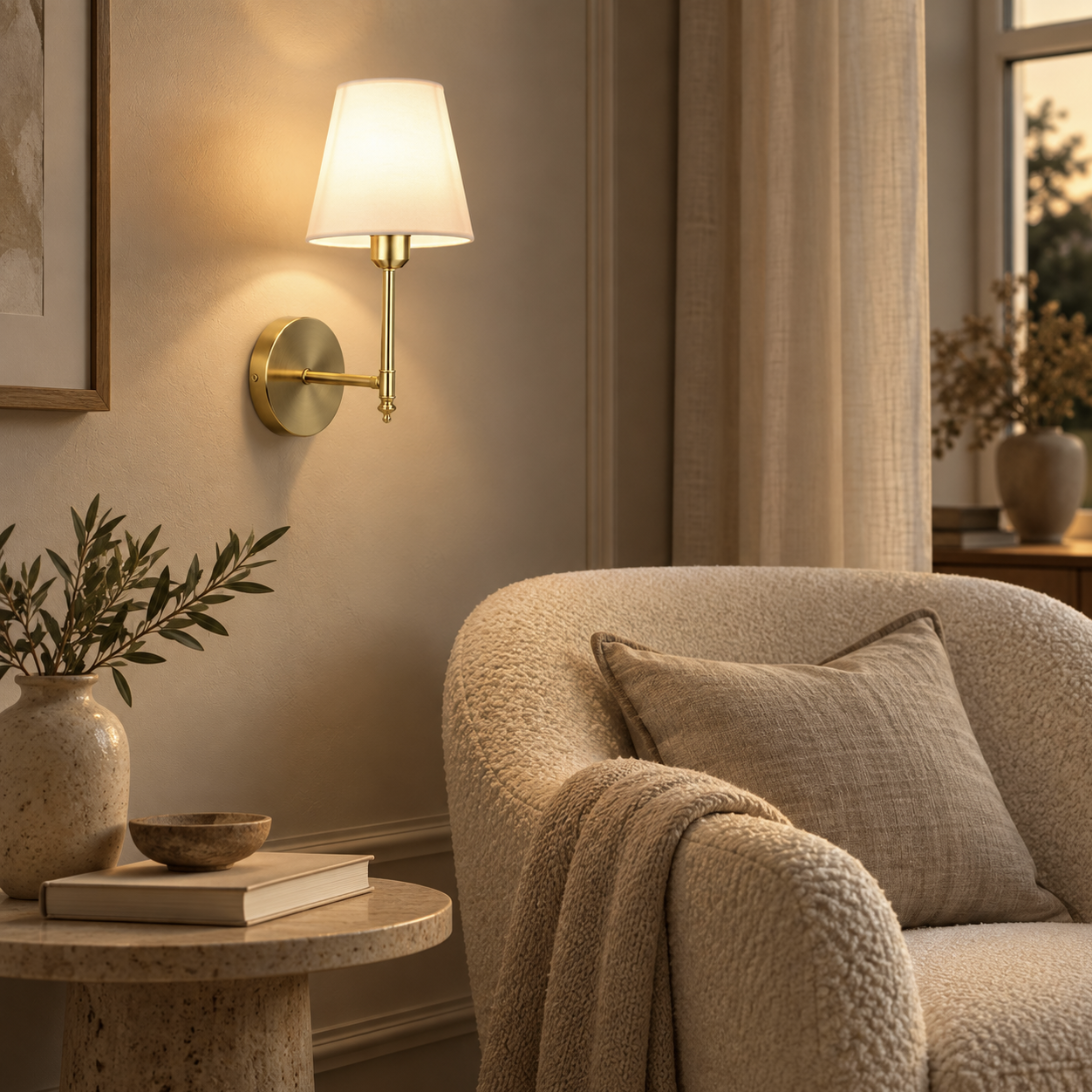 Elise brushed gold rechargeable wall light with white fabric shade beside a boucle armchair