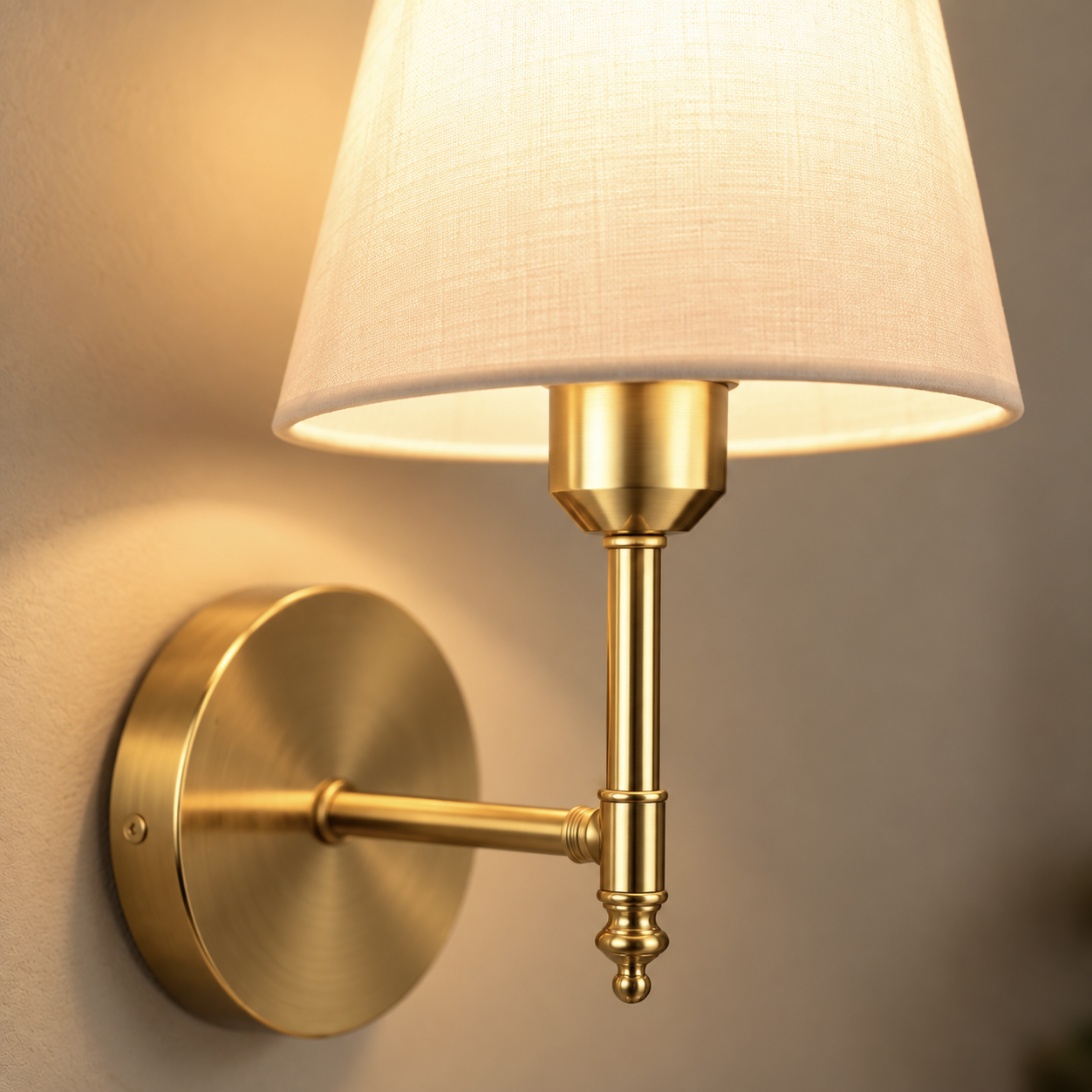 Close-up of the Elise white fabric shade and brushed gold backplate