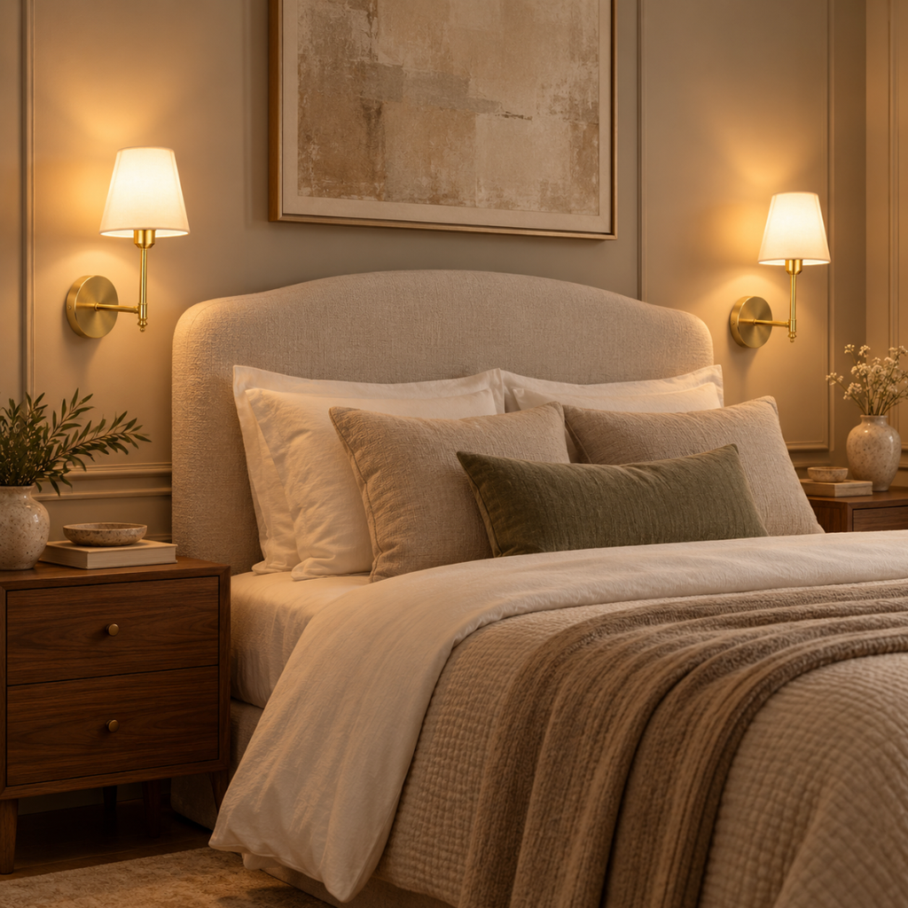 Two Elise gold wall lights either side of an upholstered bed