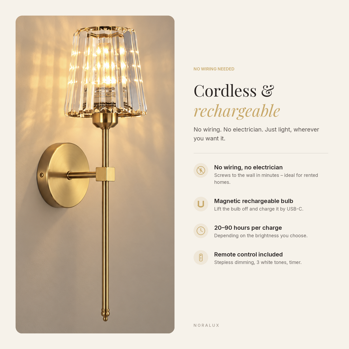Estelle cordless rechargeable wall light features: no wiring, magnetic USB-C bulb, up to 90 hours, remote
