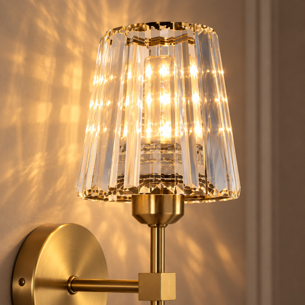 Close-up of the Estelle faceted crystal shade and brushed gold stem
