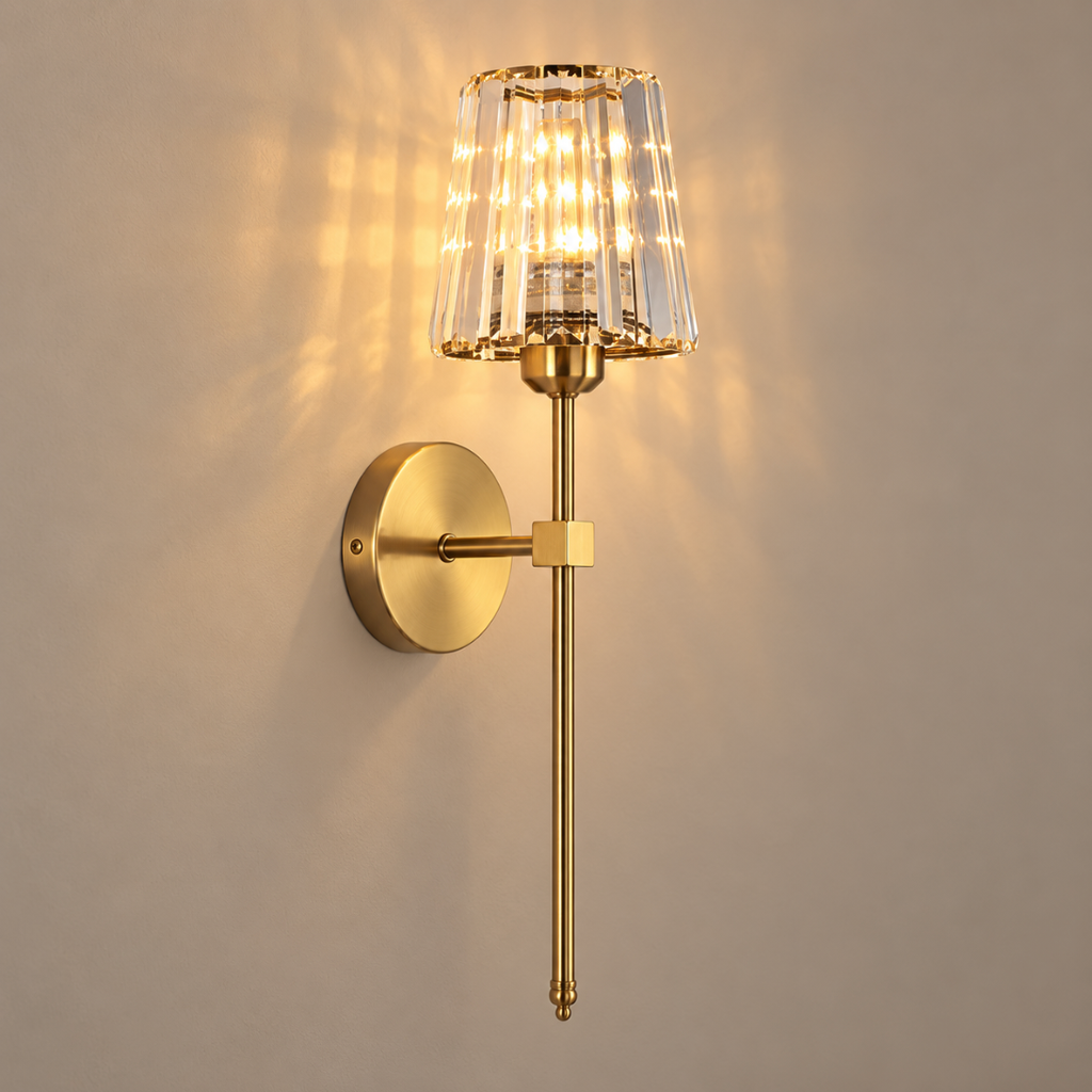 Estelle cordless rechargeable crystal wall light, lit, on a greige wall