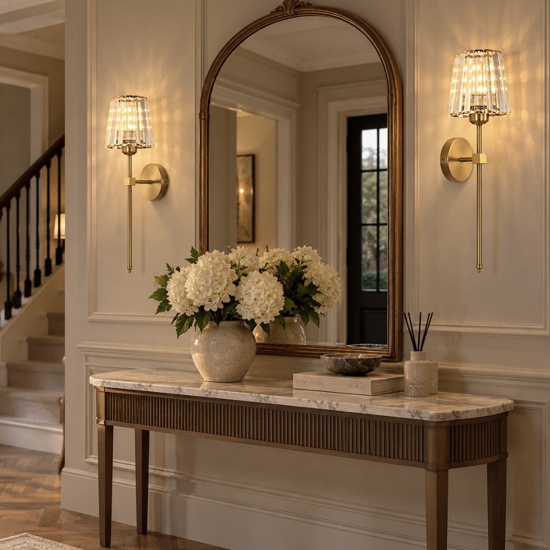 Estelle rechargeable crystal wall lights in gold lighting a panelled hallway