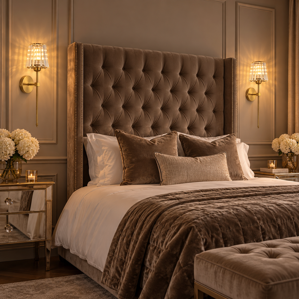 Two Estelle crystal wall lights either side of a velvet headboard