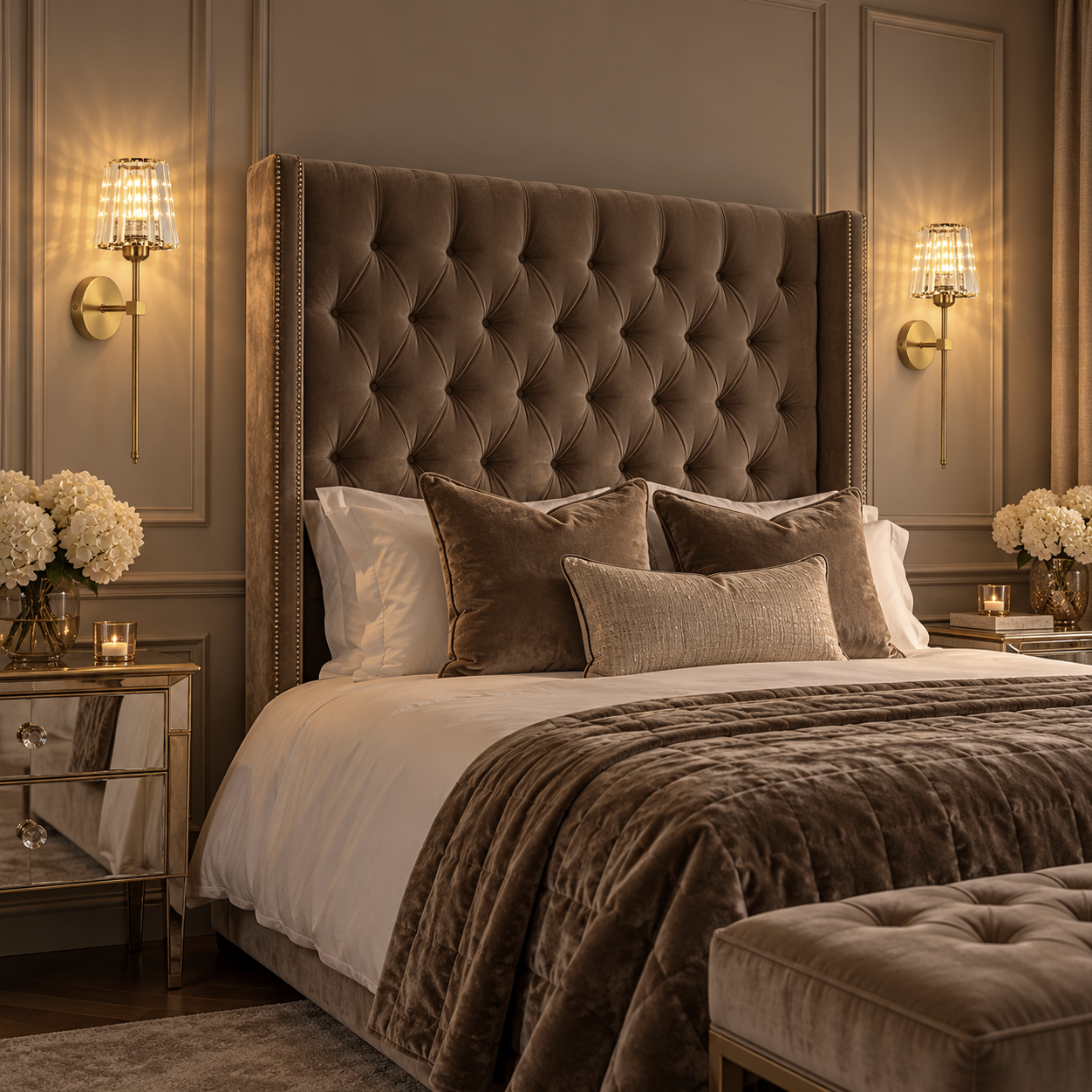 Two Estelle crystal wall lights either side of a velvet headboard